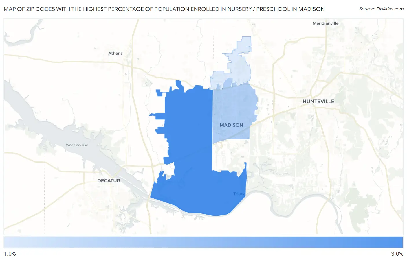 Zip Codes with the Highest Percentage of Population Enrolled in Nursery / Preschool in Madison Map