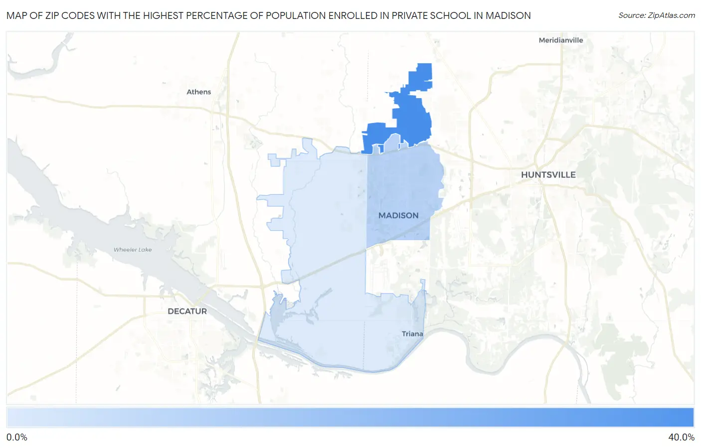 Zip Codes with the Highest Percentage of Population Enrolled in Private School in Madison Map