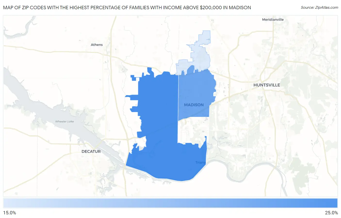 Zip Codes with the Highest Percentage of Families with Income Above $200,000 in Madison Map