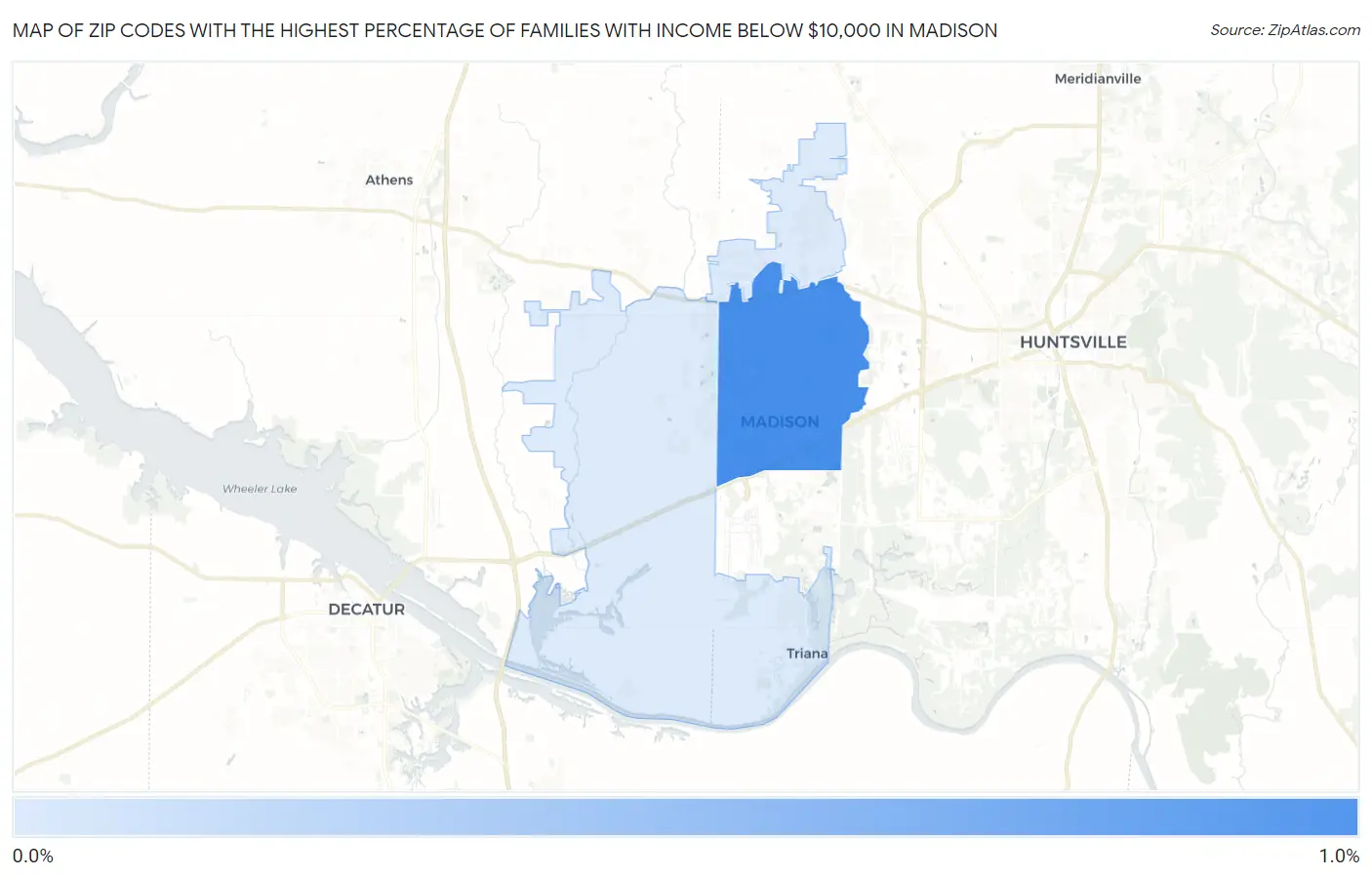 Zip Codes with the Highest Percentage of Families with Income Below $10,000 in Madison Map