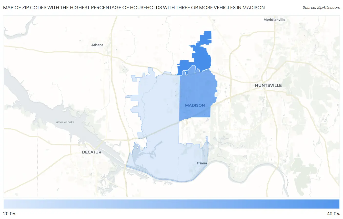 Zip Codes with the Highest Percentage of Households With Three or more Vehicles in Madison Map