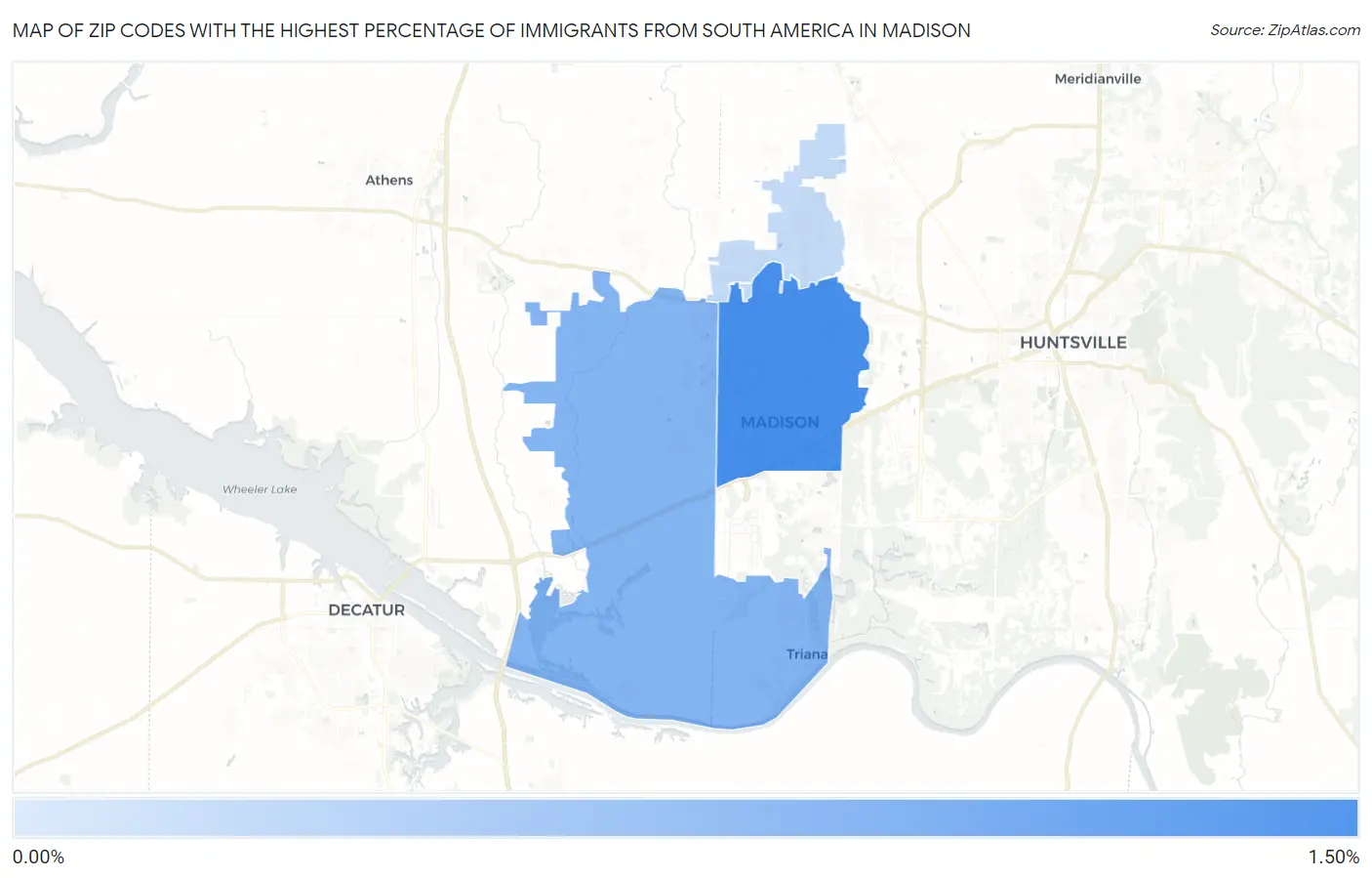 Zip Codes with the Highest Percentage of Immigrants from South America in Madison Map