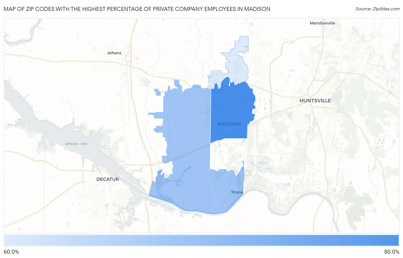 Zip Codes with the Highest Percentage of Private Company Employees in Madison Map