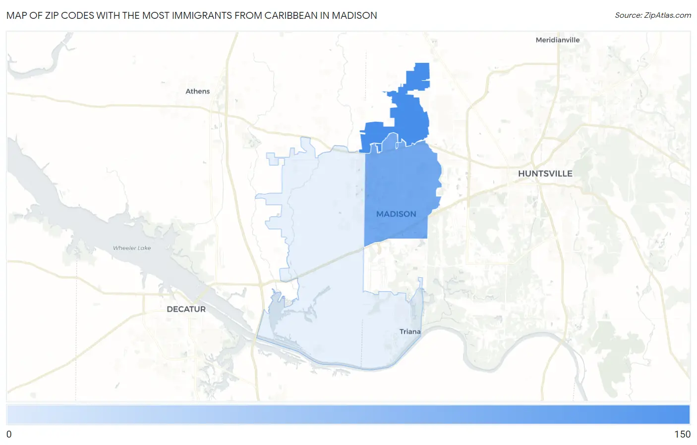 Zip Codes with the Most Immigrants from Caribbean in Madison Map
