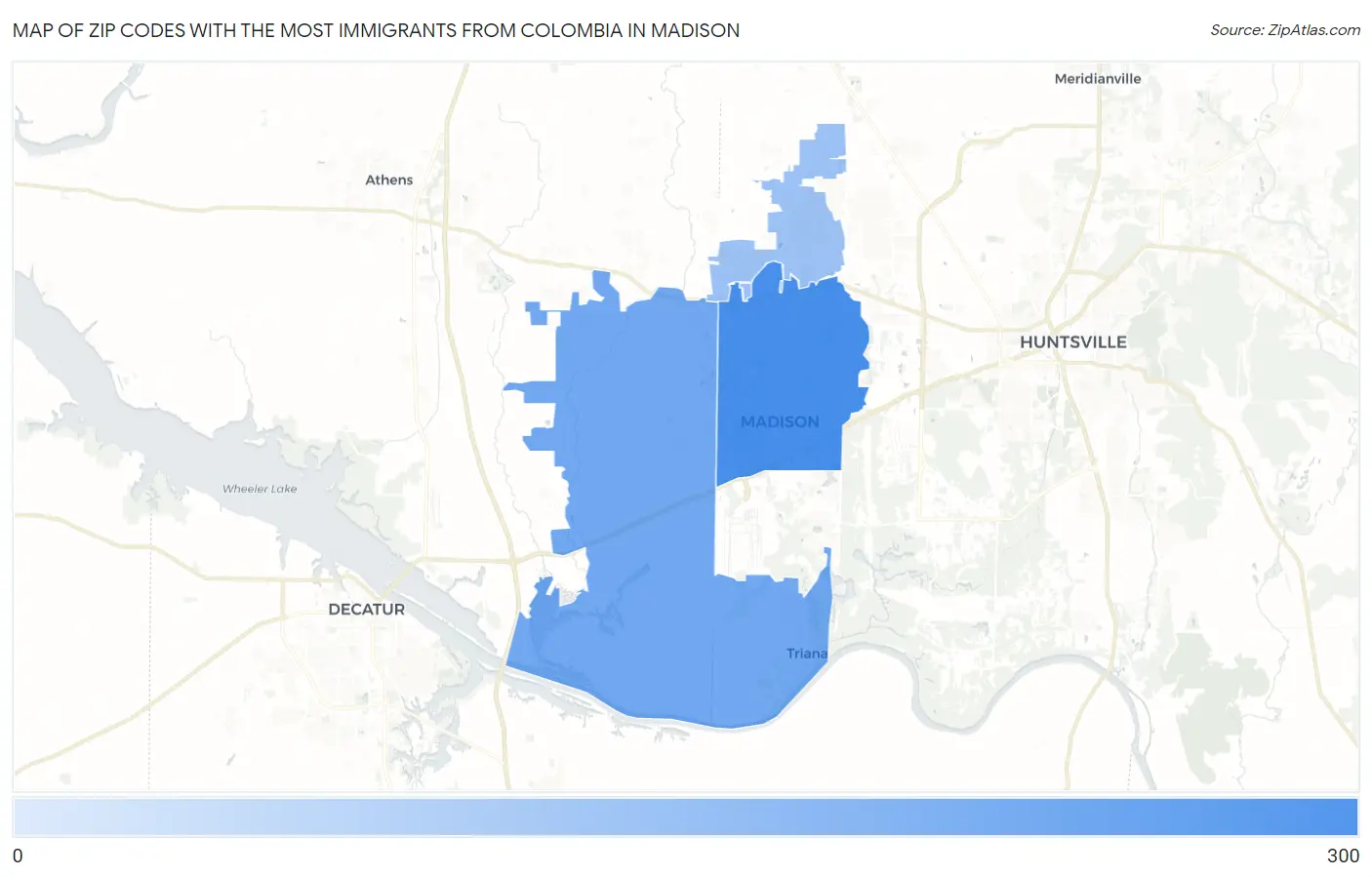 Zip Codes with the Most Immigrants from Colombia in Madison Map