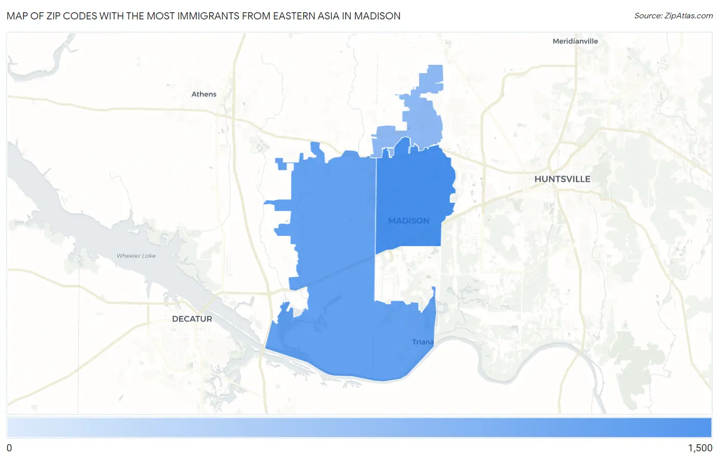 Zip Codes with the Most Immigrants from Eastern Asia in Madison Map