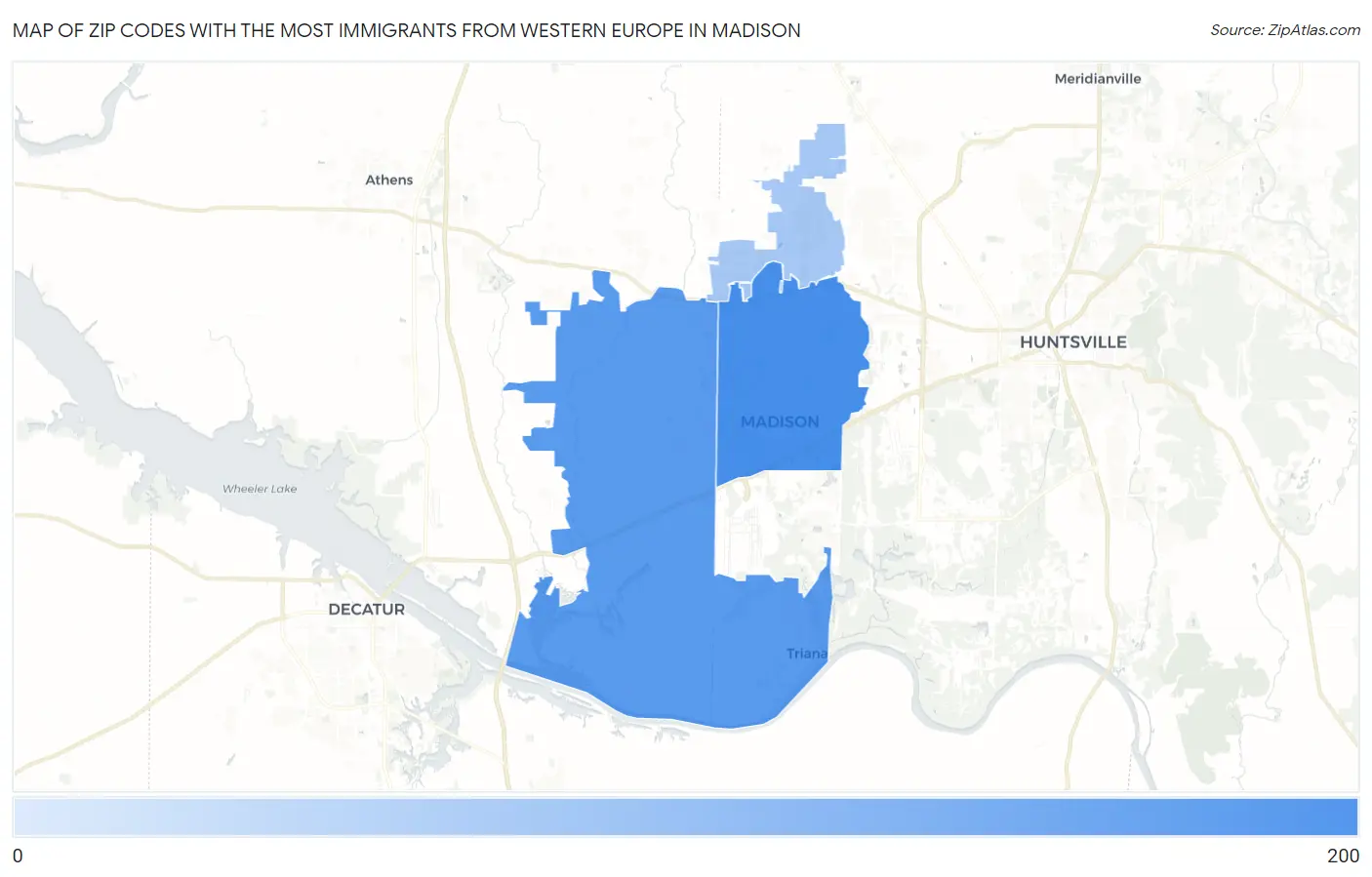 Zip Codes with the Most Immigrants from Western Europe in Madison Map