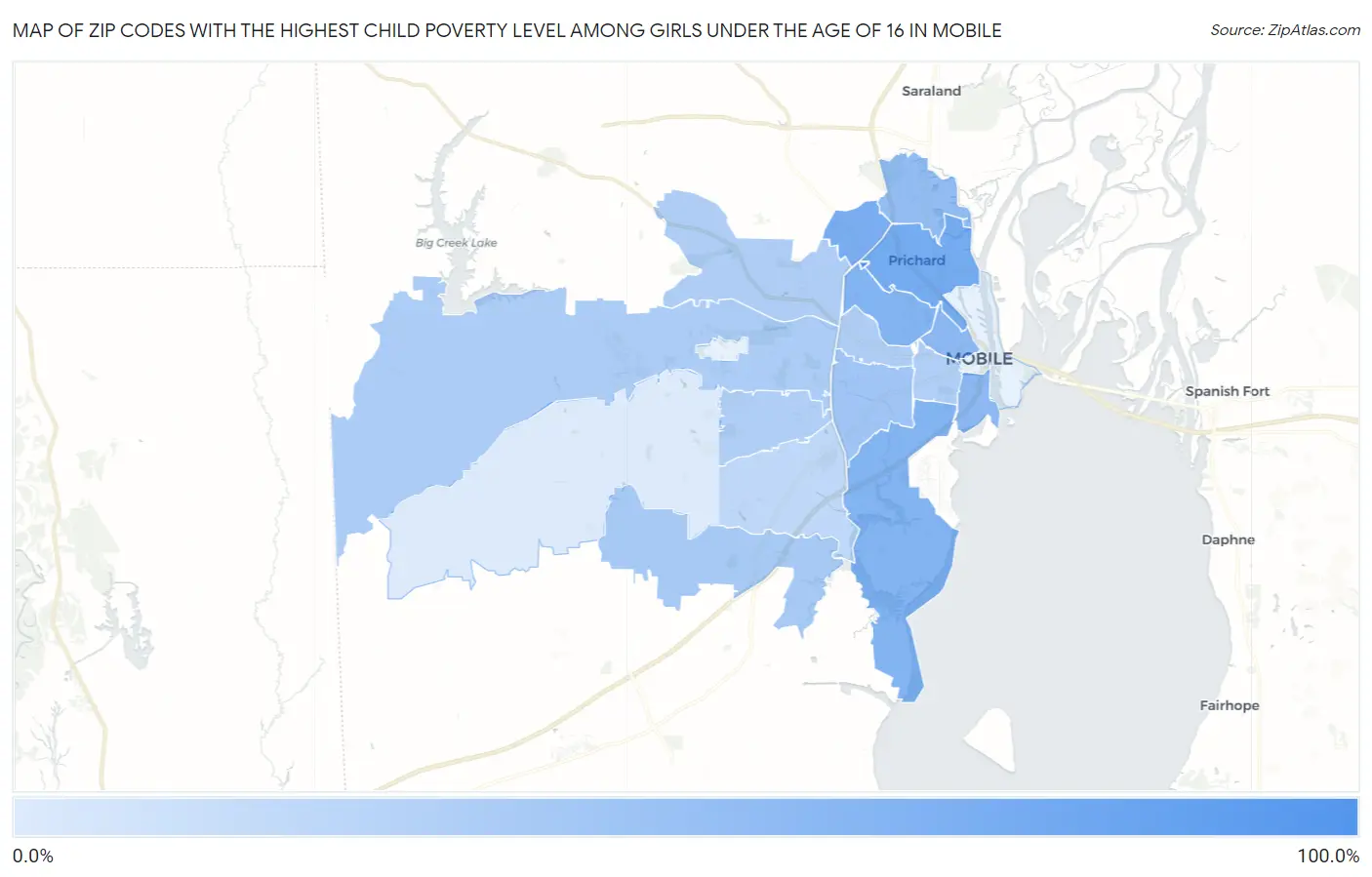 Zip Codes with the Highest Child Poverty Level Among Girls Under the Age of 16 in Mobile Map