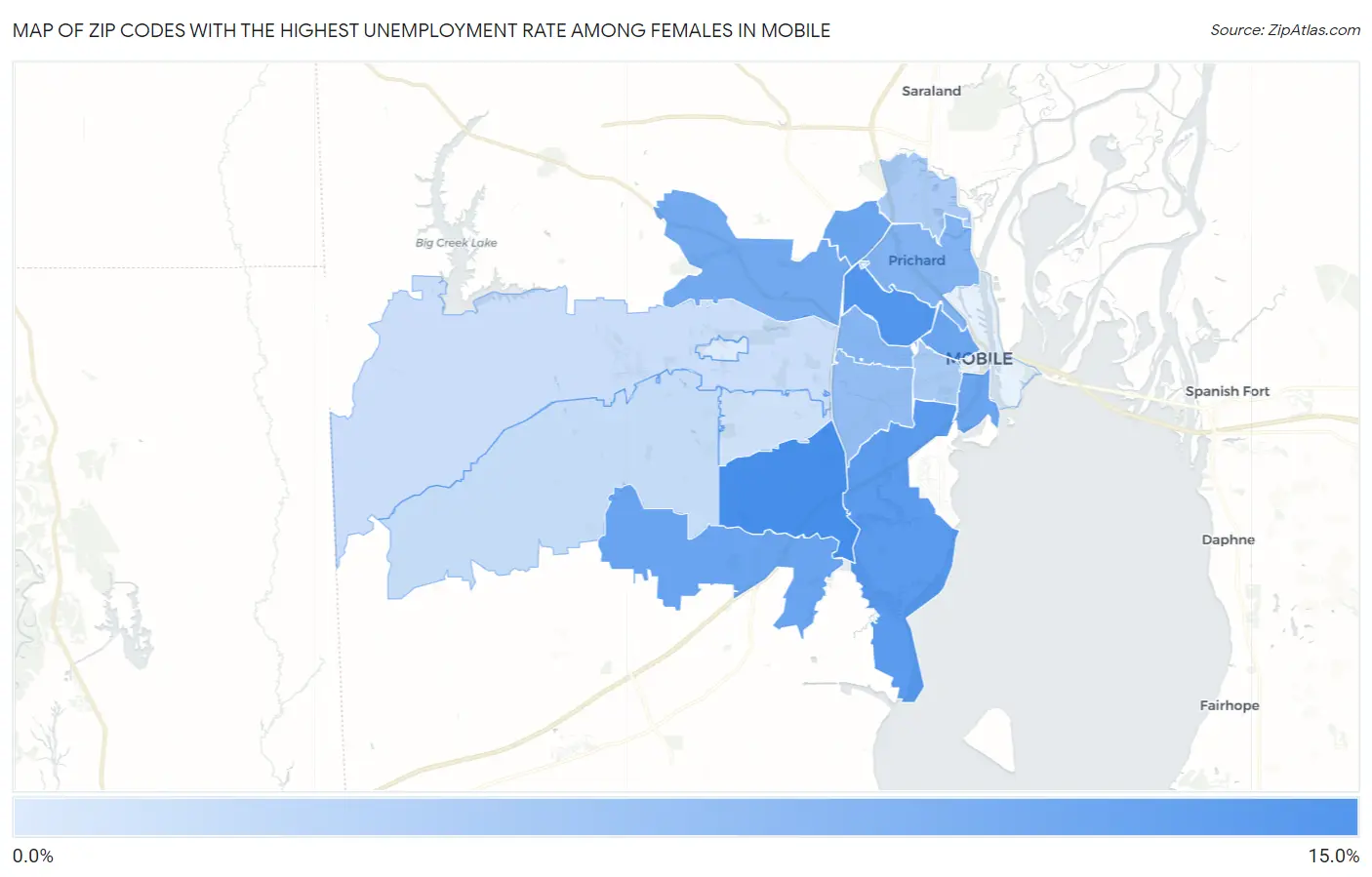 Zip Codes with the Highest Unemployment Rate Among Females in Mobile Map