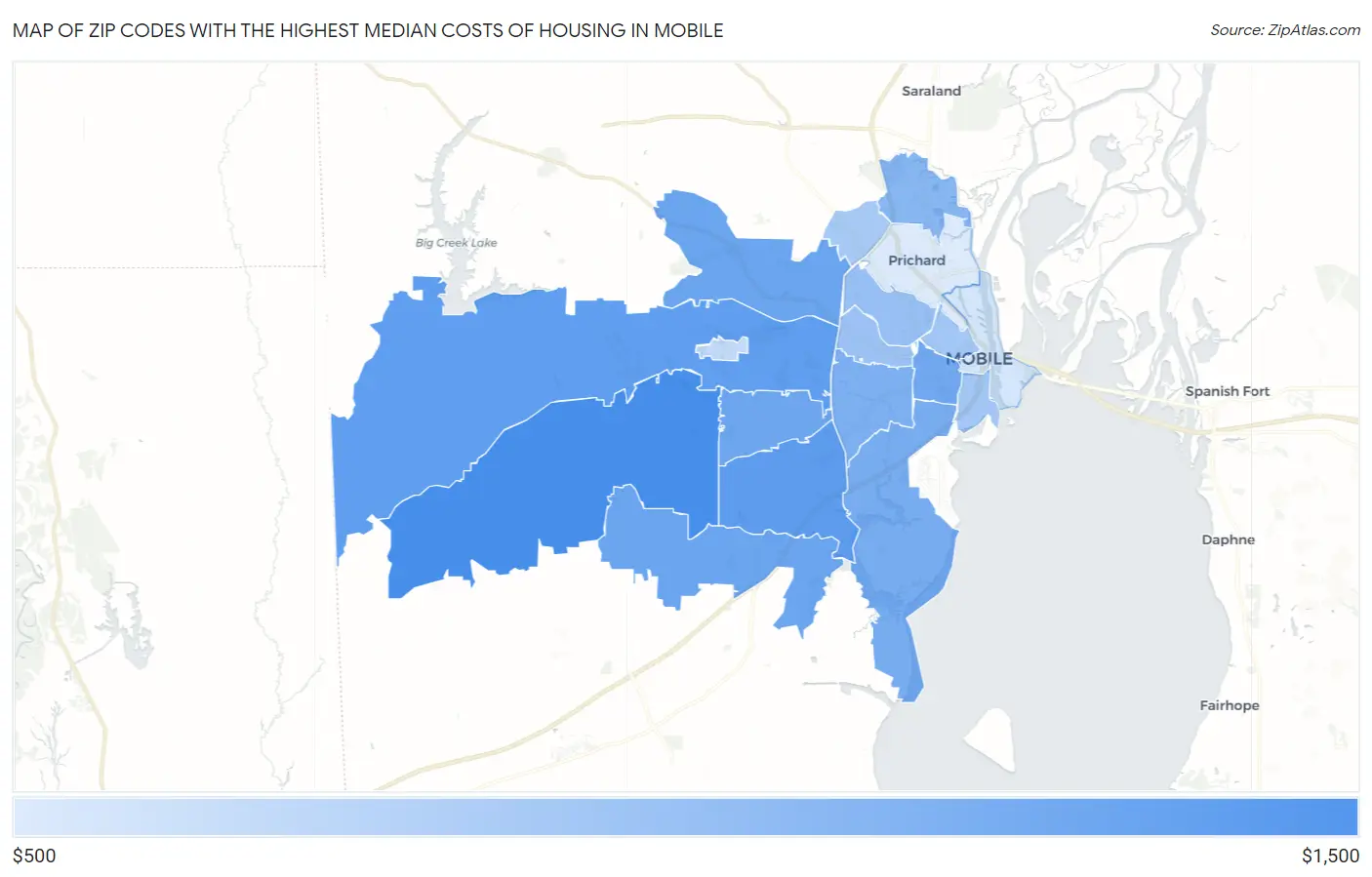 Zip Codes with the Highest Median Costs of Housing in Mobile Map