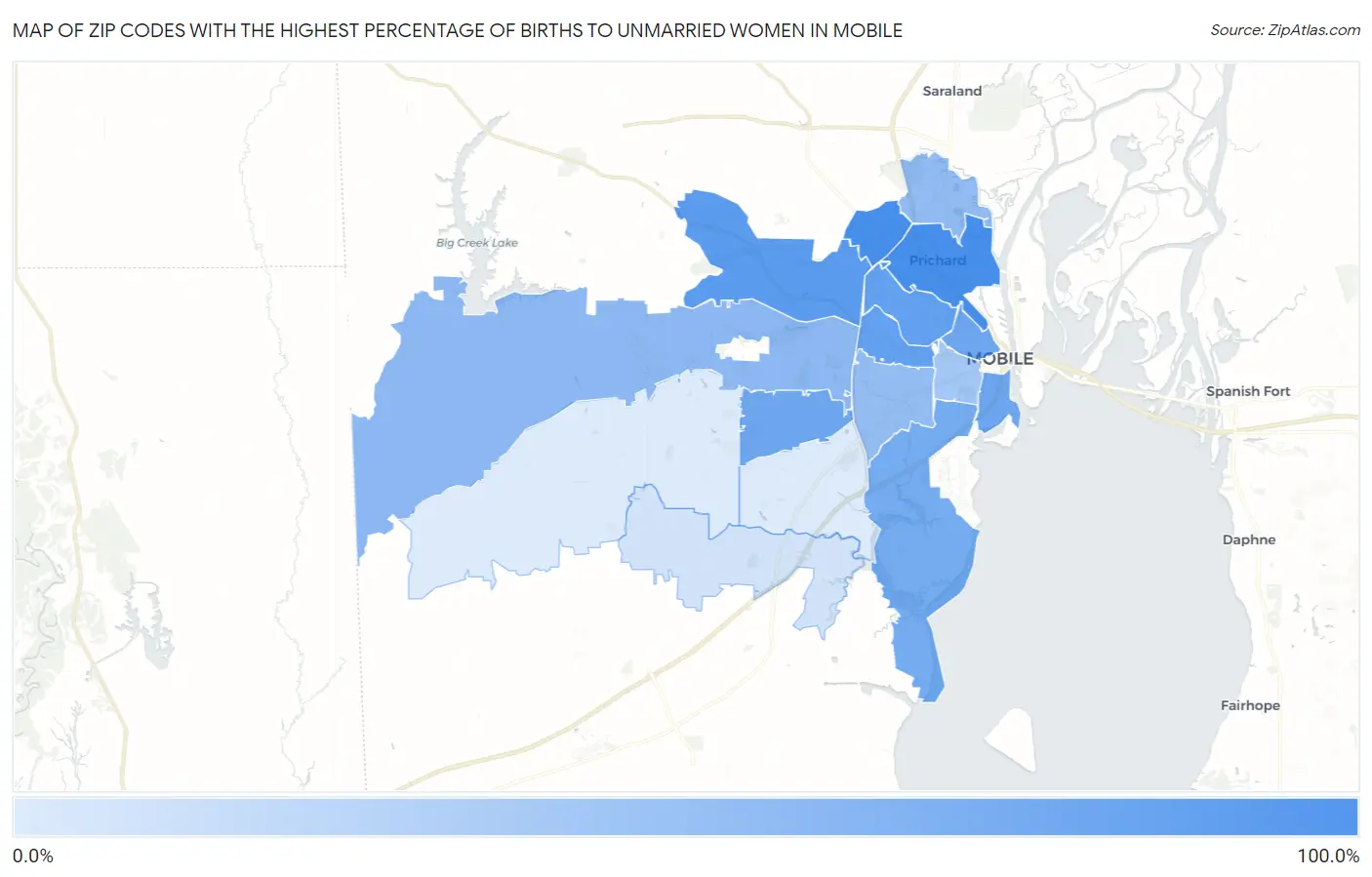 Zip Codes with the Highest Percentage of Births to Unmarried Women in Mobile Map
