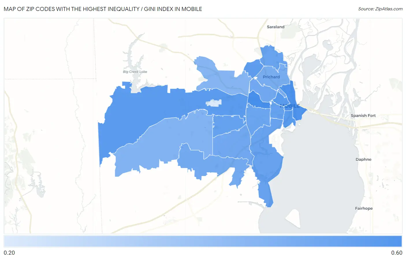 Zip Codes with the Highest Inequality / Gini Index in Mobile Map