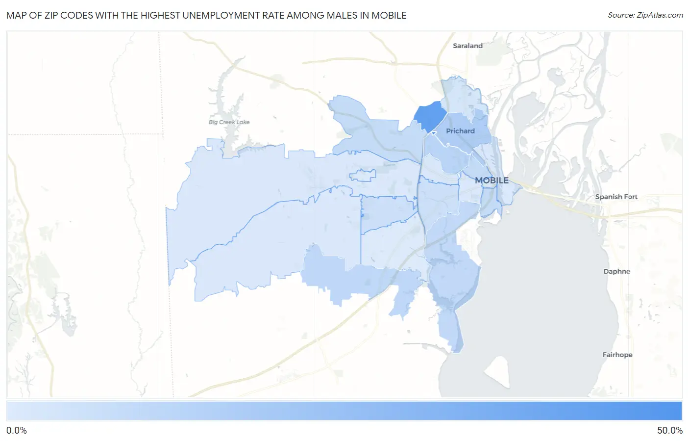 Zip Codes with the Highest Unemployment Rate Among Males in Mobile Map