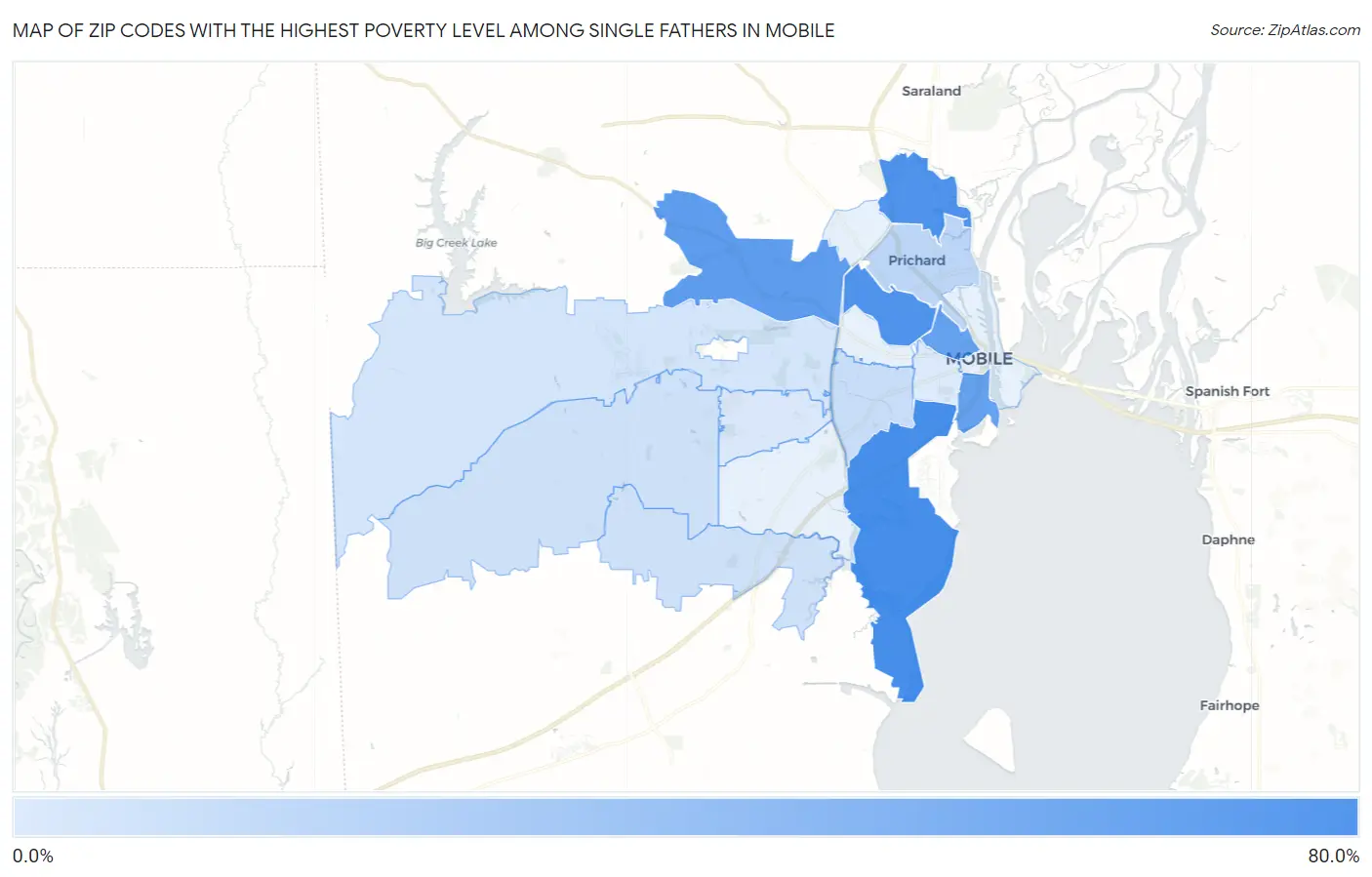 Zip Codes with the Highest Poverty Level Among Single Fathers in Mobile Map