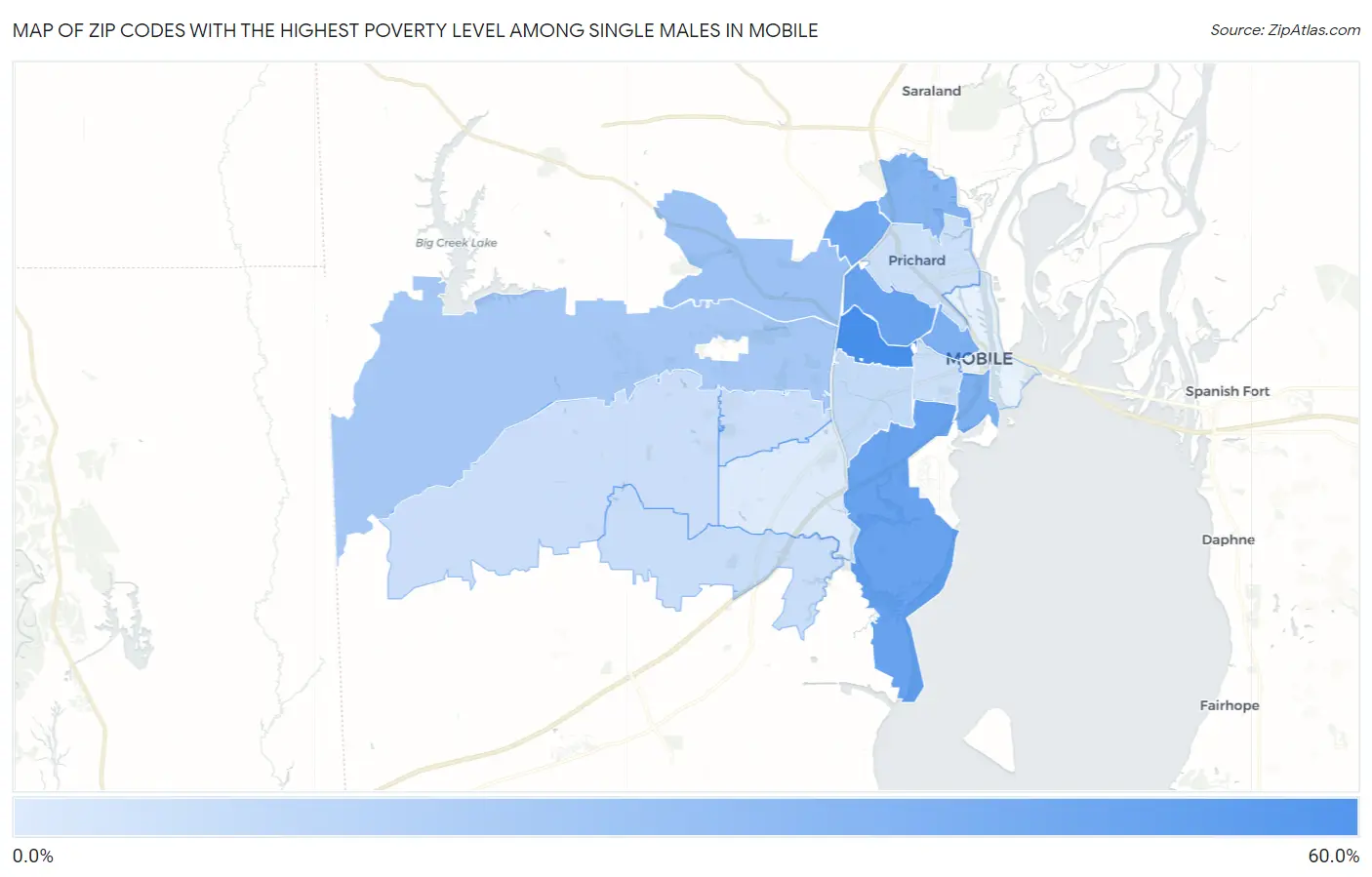 Zip Codes with the Highest Poverty Level Among Single Males in Mobile Map