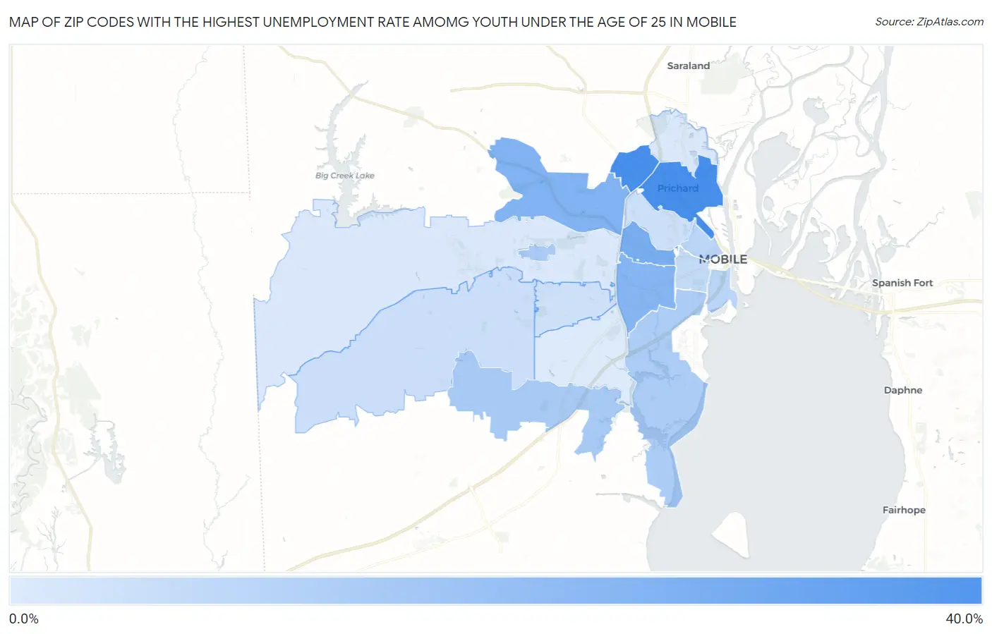 Zip Codes with the Highest Unemployment Rate Amomg Youth Under the Age of 25 in Mobile Map