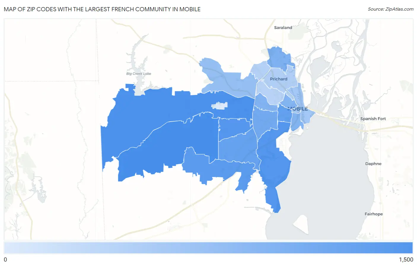 Zip Codes with the Largest French Community in Mobile Map