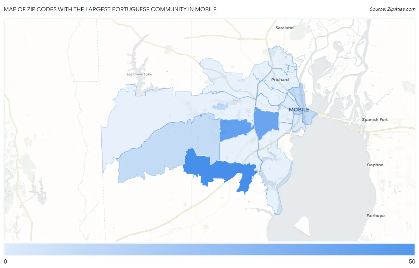 Zip Codes with the Largest Portuguese Community in Mobile Map
