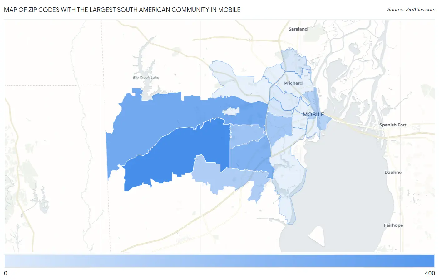 Zip Codes with the Largest South American Community in Mobile Map