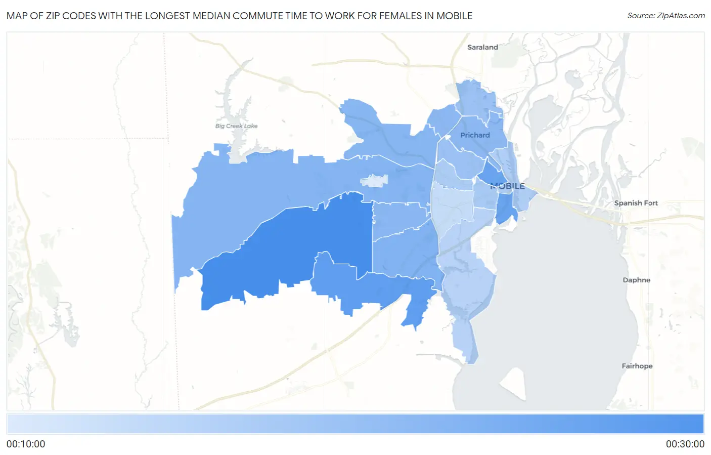 Zip Codes with the Longest Median Commute Time to Work for Females in Mobile Map