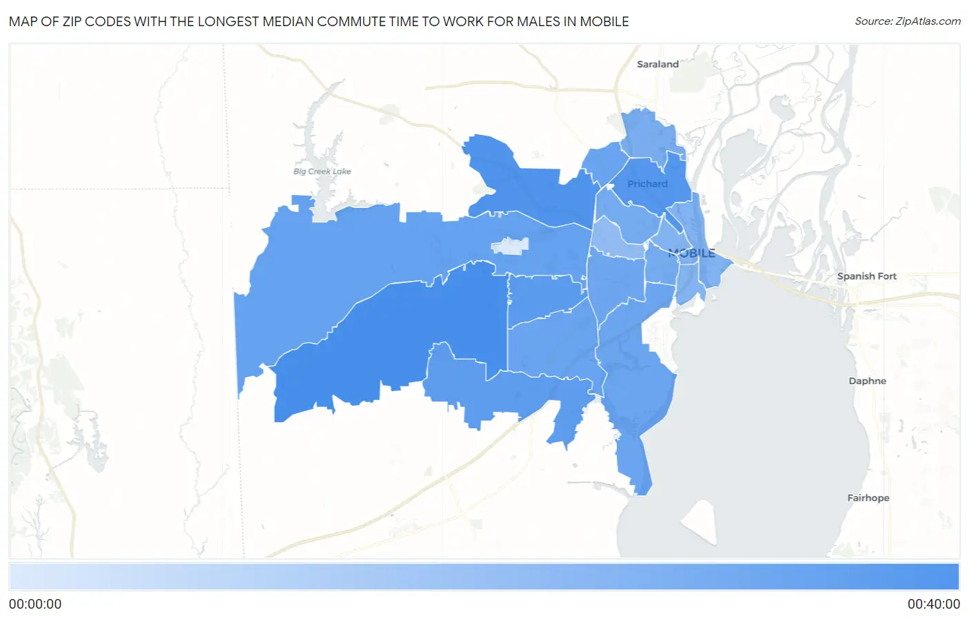 Zip Codes with the Longest Median Commute Time to Work for Males in Mobile Map