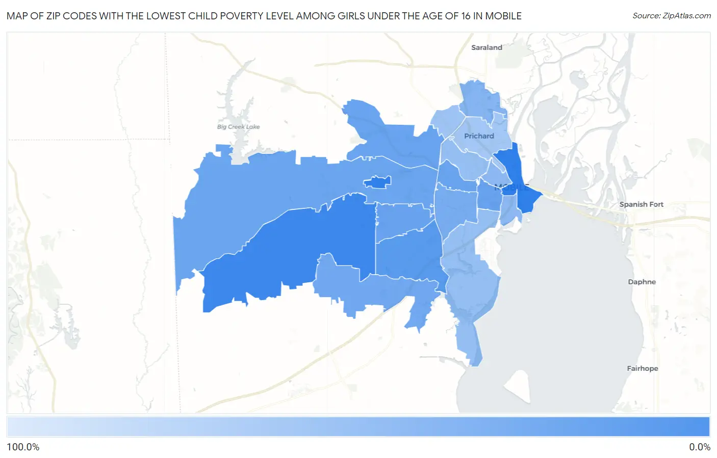 Zip Codes with the Lowest Child Poverty Level Among Girls Under the Age of 16 in Mobile Map