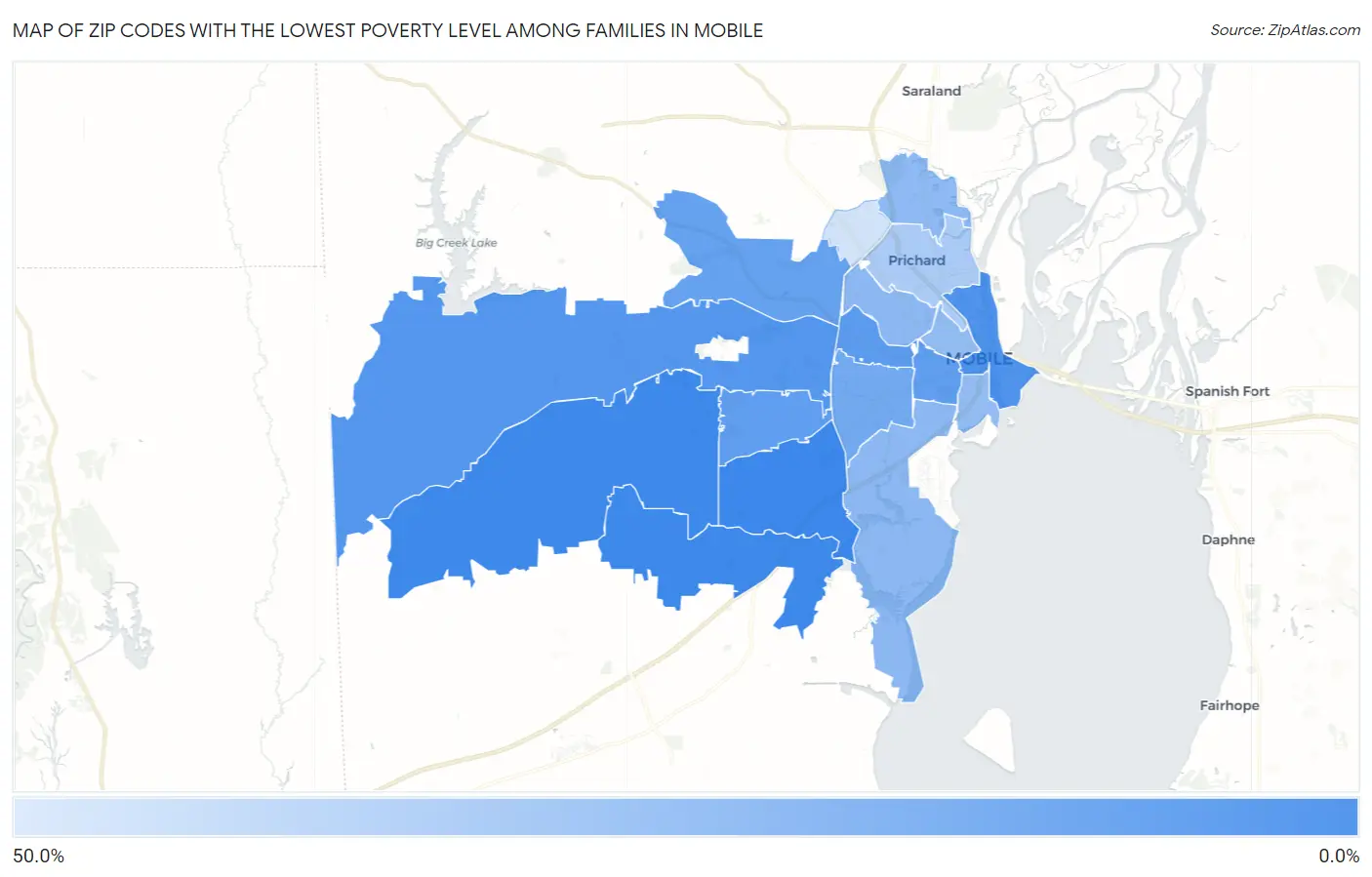 Zip Codes with the Lowest Poverty Level Among Families in Mobile Map