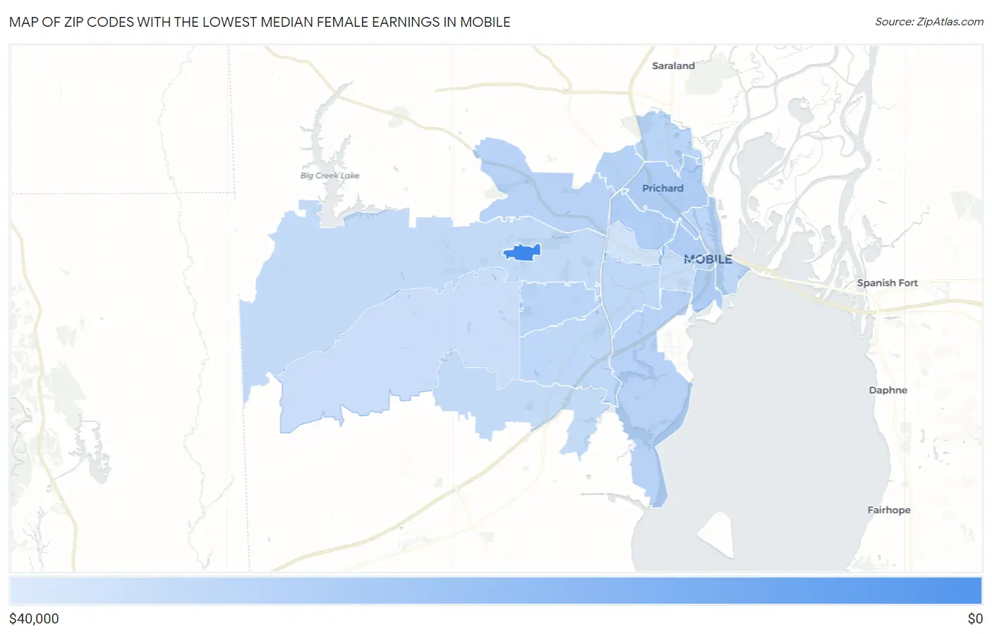 Zip Codes with the Lowest Median Female Earnings in Mobile Map