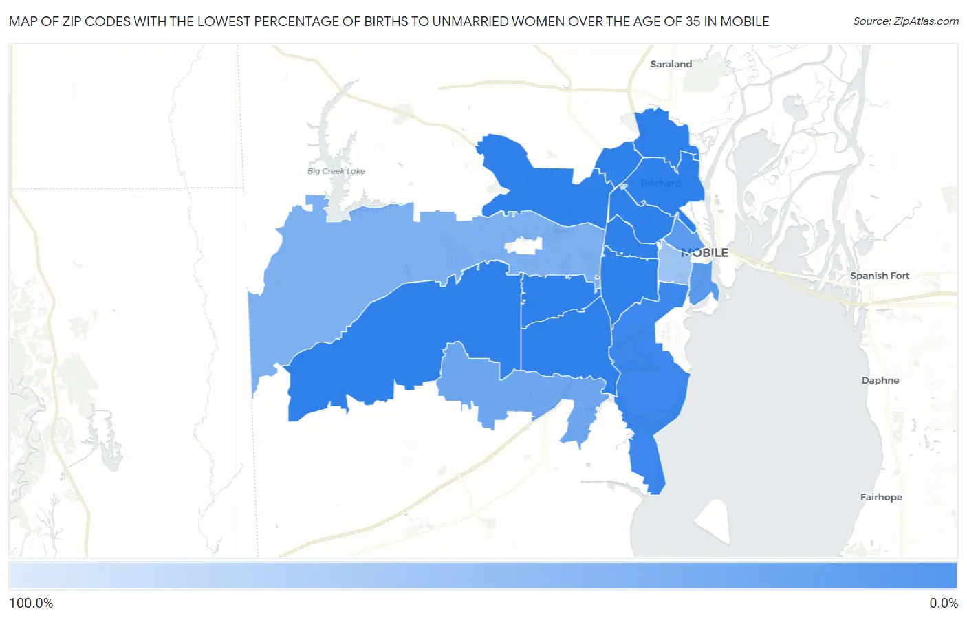Zip Codes with the Lowest Percentage of Births to Unmarried Women over the Age of 35 in Mobile Map