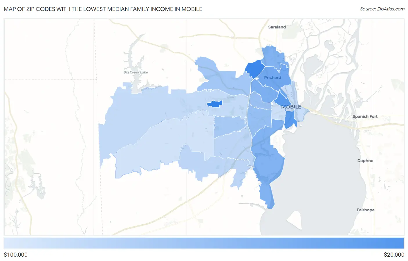Zip Codes with the Lowest Median Family Income in Mobile Map