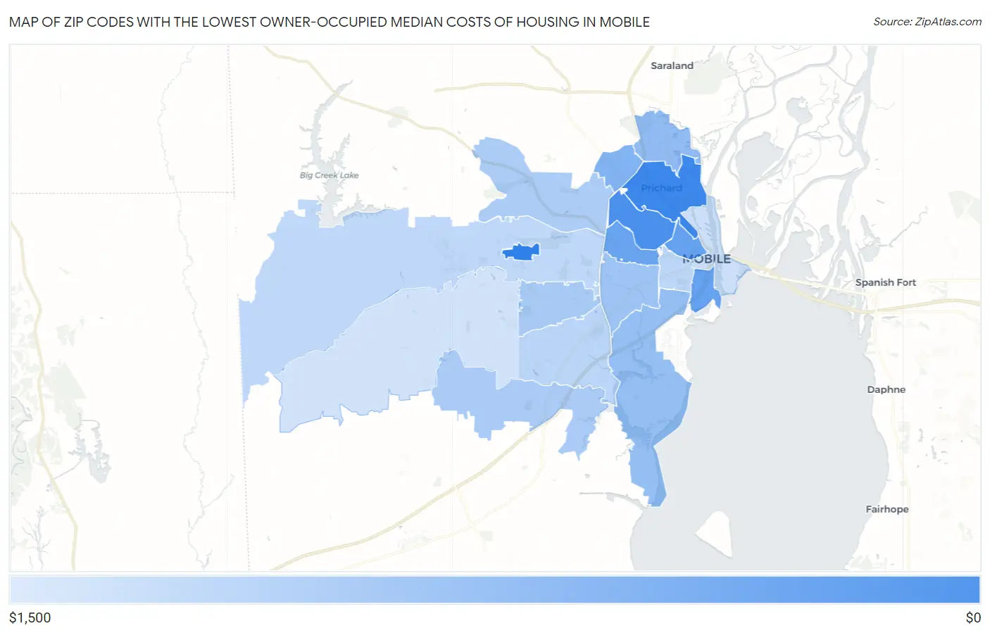Zip Codes with the Lowest Owner-Occupied Median Costs of Housing in Mobile Map