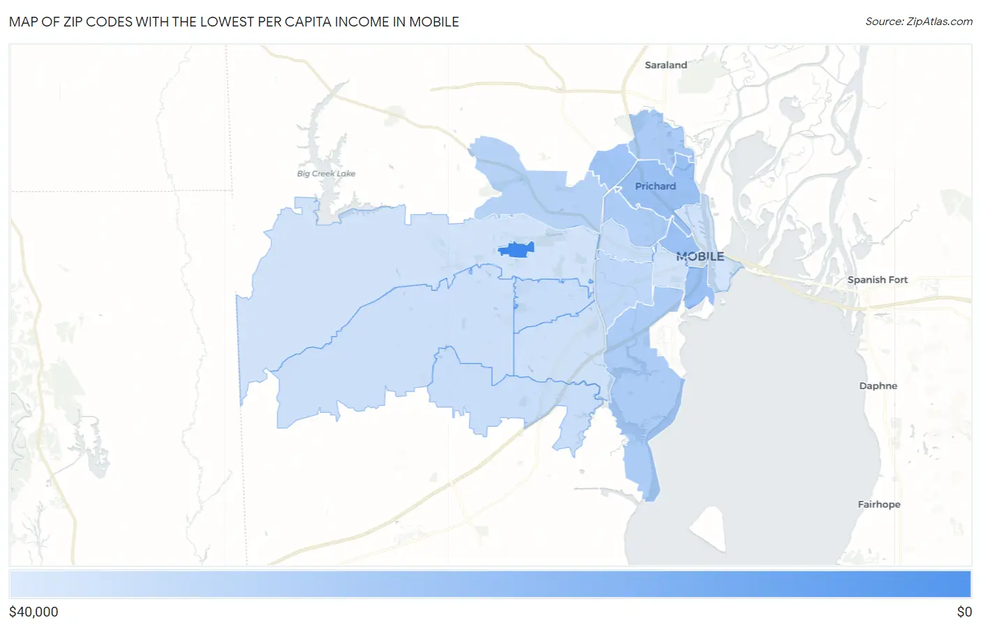 Zip Codes with the Lowest Per Capita Income in Mobile Map