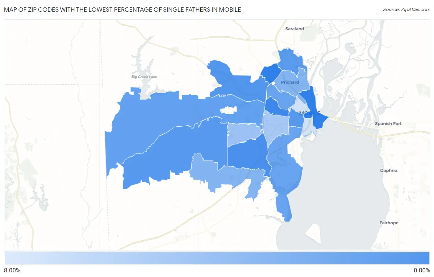 Zip Codes with the Lowest Percentage of Single Fathers in Mobile Map