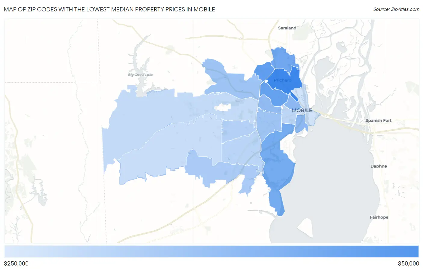 Zip Codes with the Lowest Median Property Prices in Mobile Map