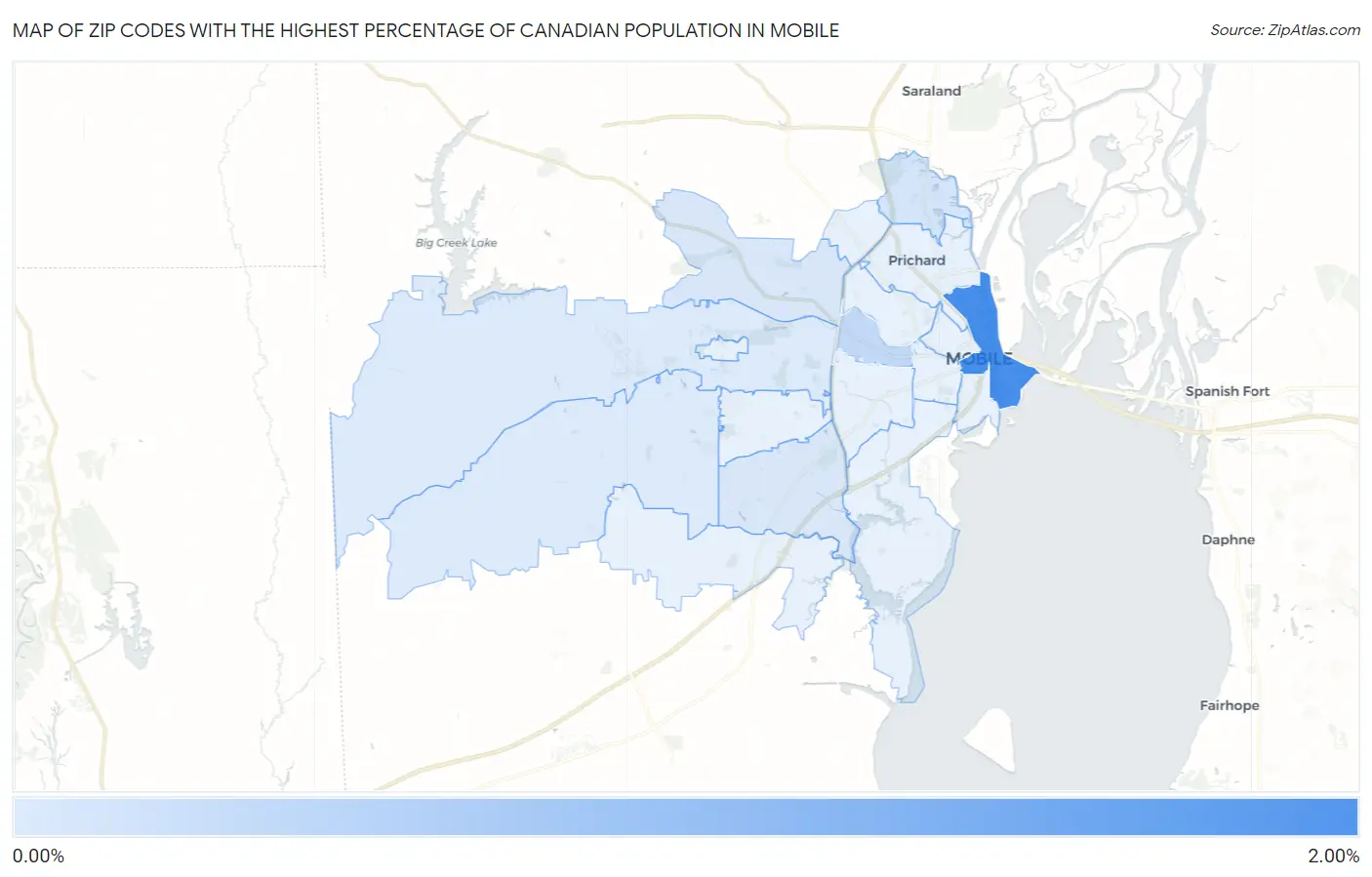 Zip Codes with the Highest Percentage of Canadian Population in Mobile Map