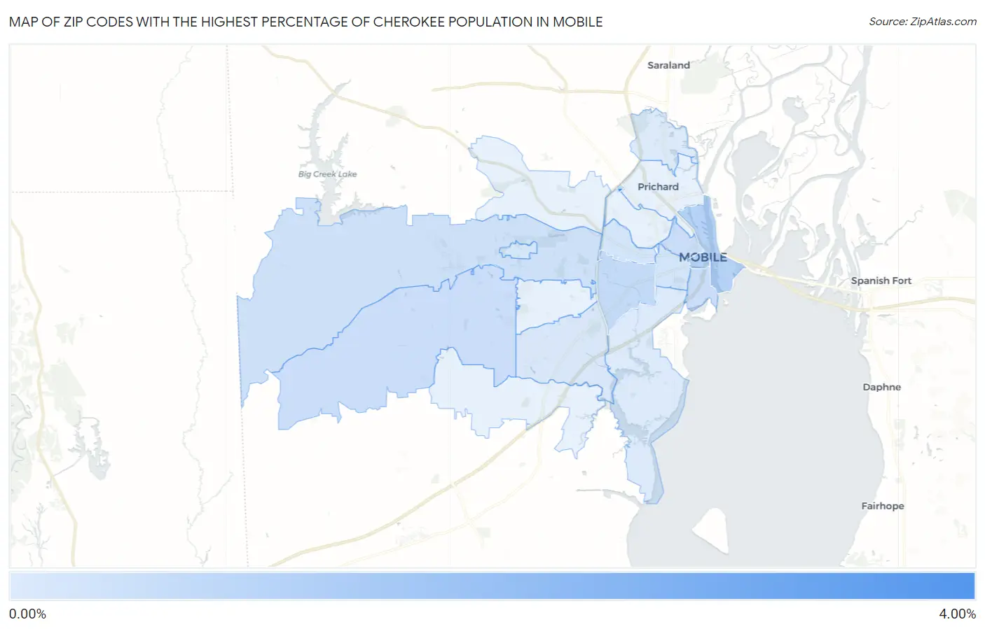 Zip Codes with the Highest Percentage of Cherokee Population in Mobile Map