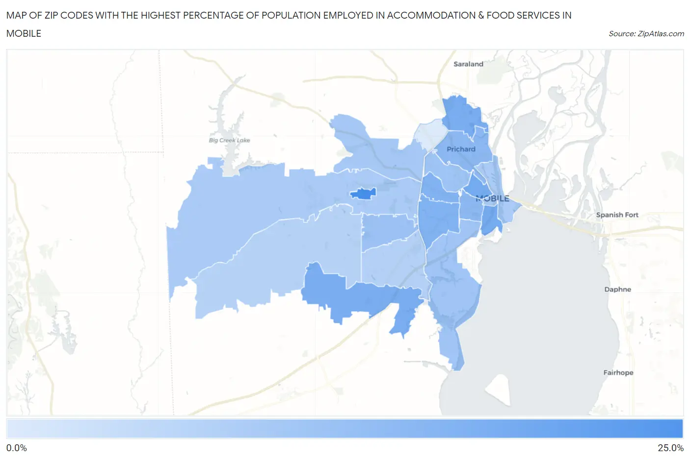 Zip Codes with the Highest Percentage of Population Employed in Accommodation & Food Services in Mobile Map