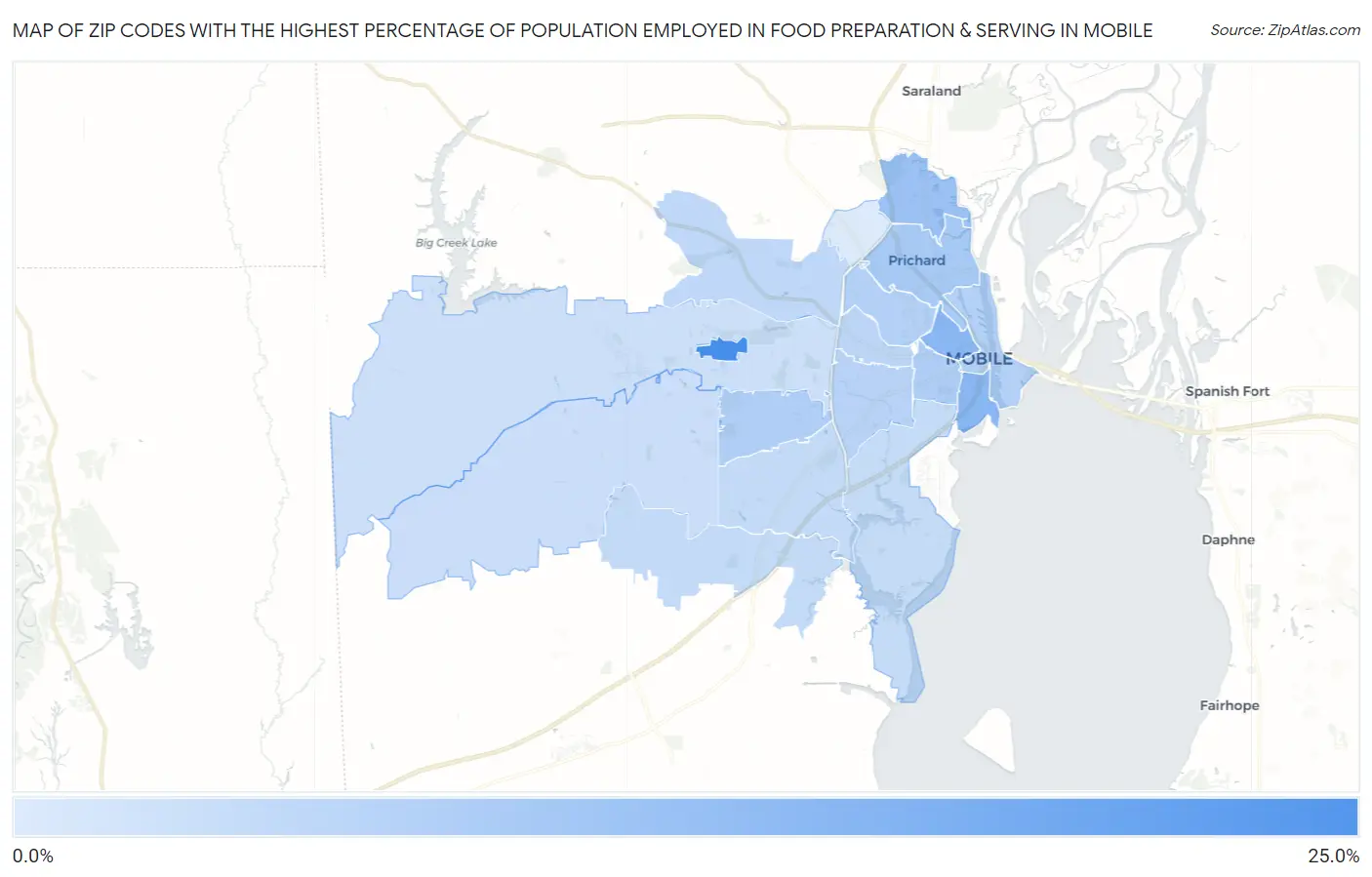 Zip Codes with the Highest Percentage of Population Employed in Food Preparation & Serving in Mobile Map