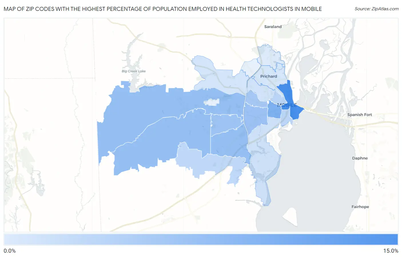 Zip Codes with the Highest Percentage of Population Employed in Health Technologists in Mobile Map