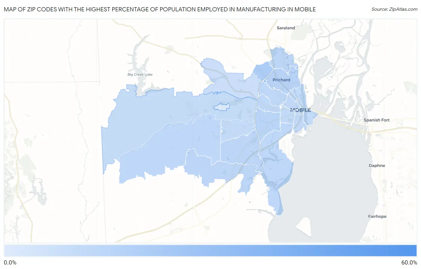 Zip Codes with the Highest Percentage of Population Employed in Manufacturing in Mobile Map