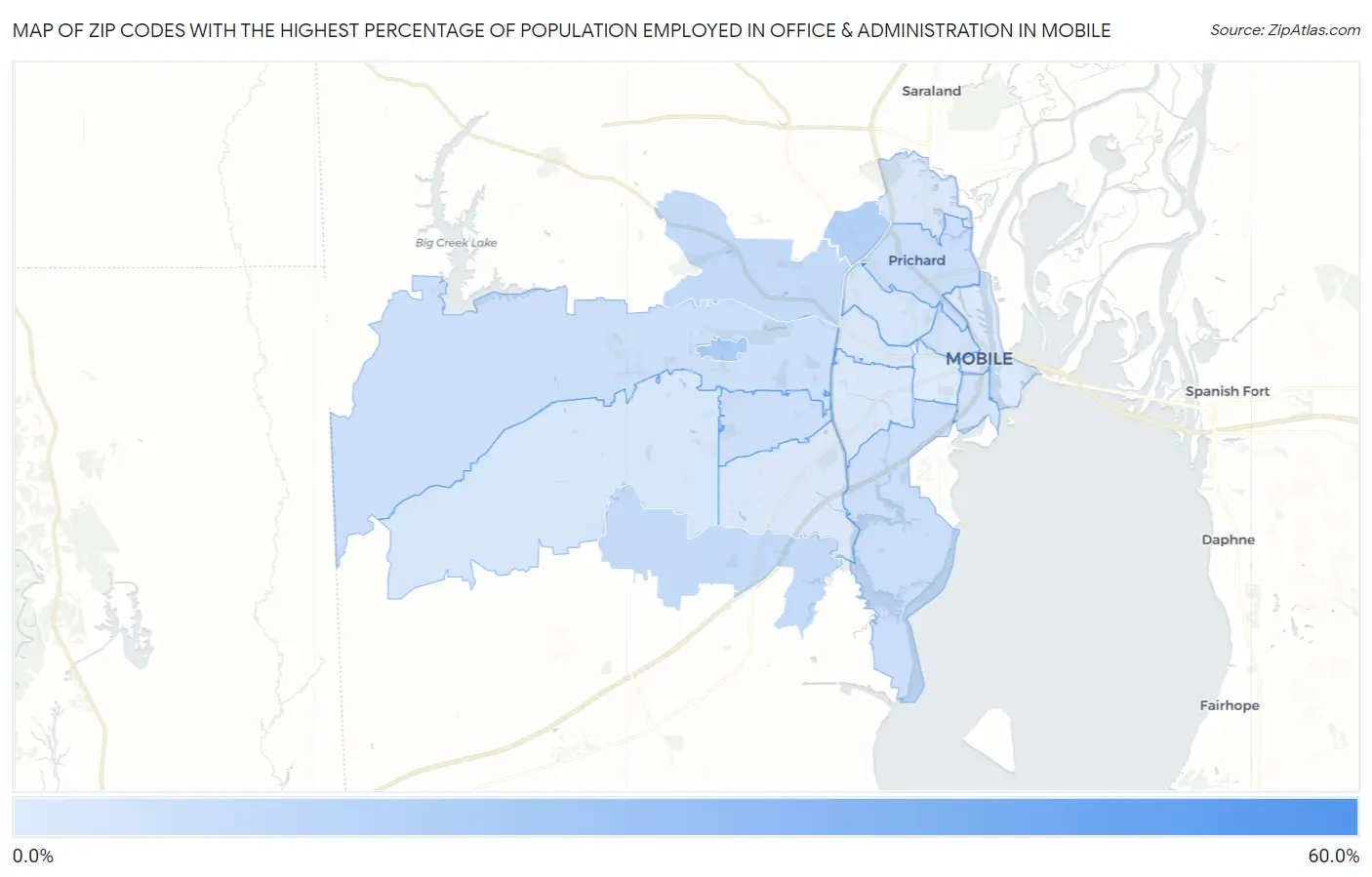 Zip Codes with the Highest Percentage of Population Employed in Office & Administration in Mobile Map