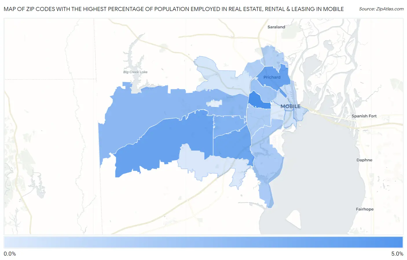 Zip Codes with the Highest Percentage of Population Employed in Real Estate, Rental & Leasing in Mobile Map