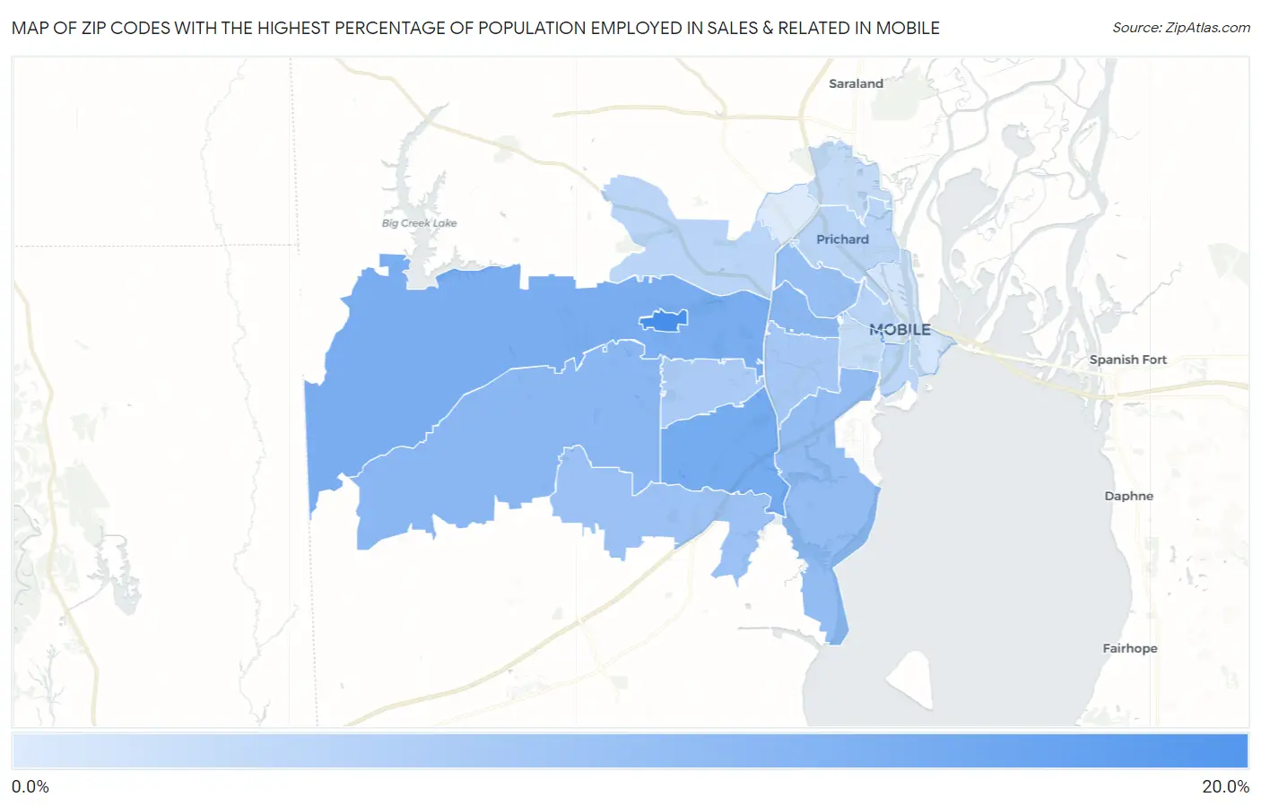 Zip Codes with the Highest Percentage of Population Employed in Sales & Related in Mobile Map