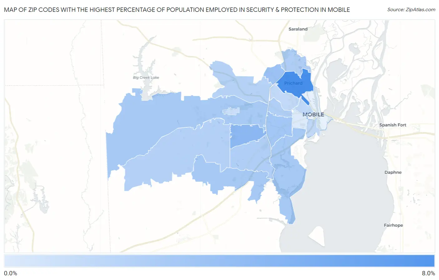 Zip Codes with the Highest Percentage of Population Employed in Security & Protection in Mobile Map