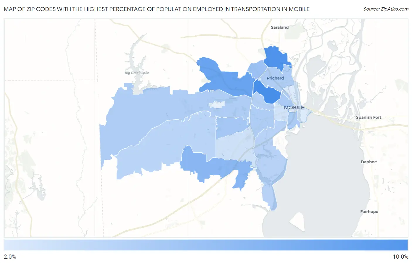 Zip Codes with the Highest Percentage of Population Employed in Transportation in Mobile Map