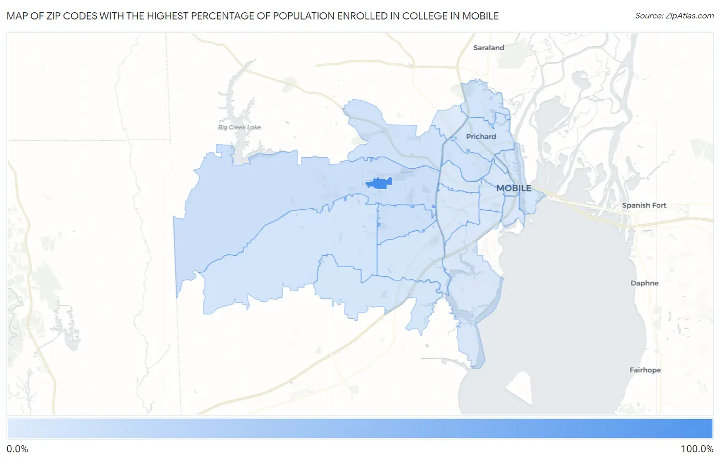 Zip Codes with the Highest Percentage of Population Enrolled in College in Mobile Map