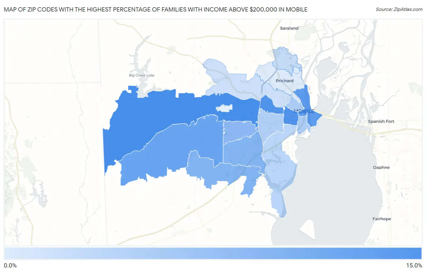 Zip Codes with the Highest Percentage of Families with Income Above $200,000 in Mobile Map