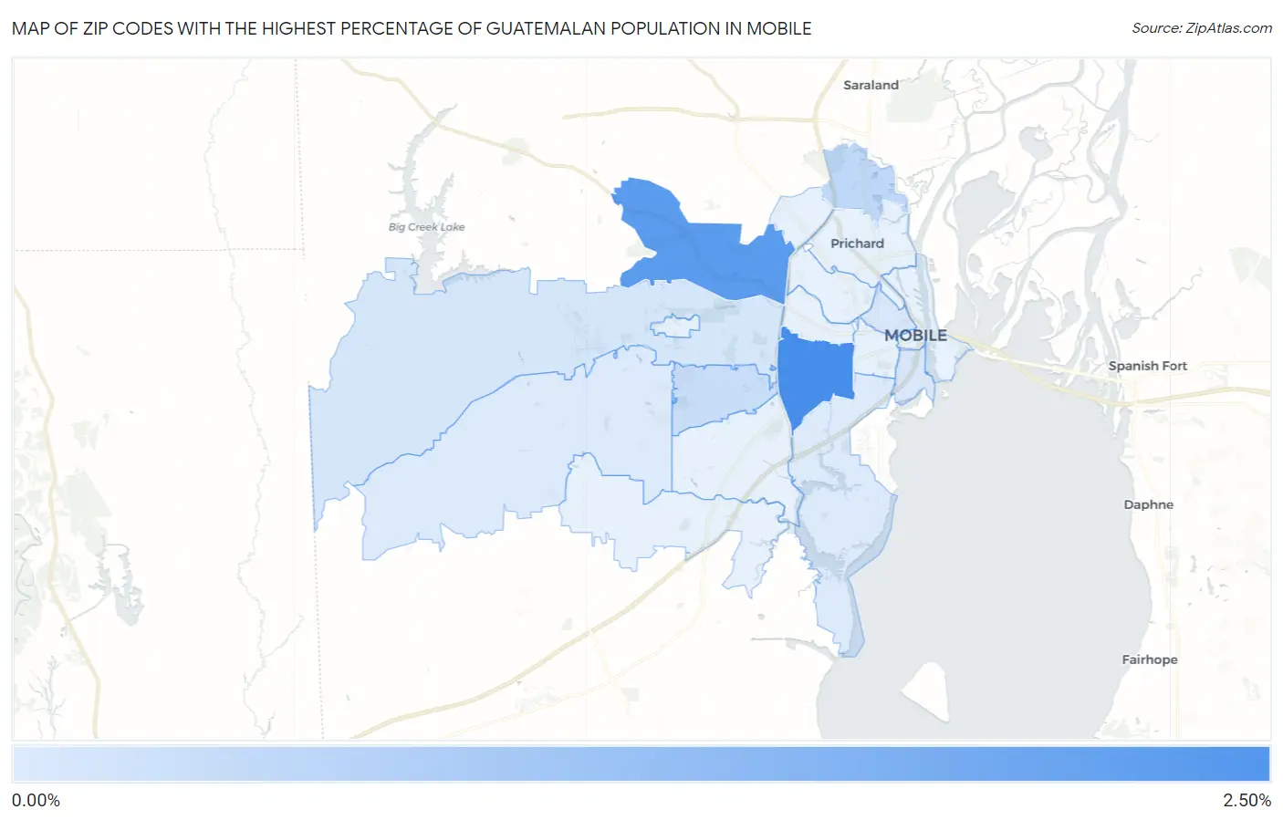 Zip Codes with the Highest Percentage of Guatemalan Population in Mobile Map