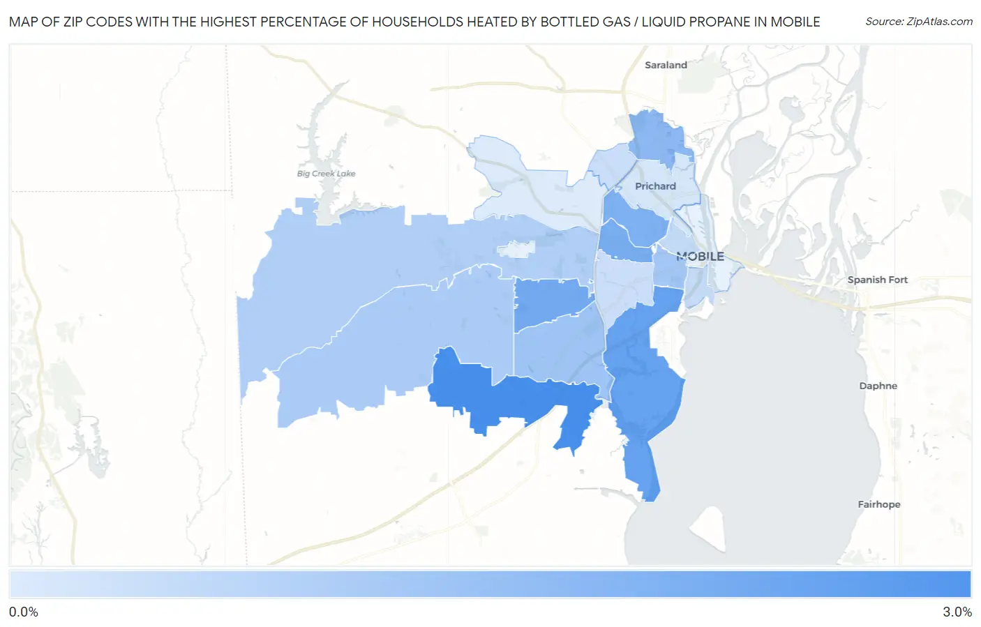 Zip Codes with the Highest Percentage of Households Heated by Bottled Gas / Liquid Propane in Mobile Map
