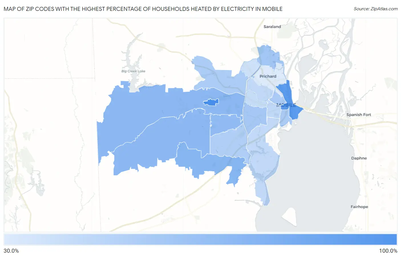 Zip Codes with the Highest Percentage of Households Heated by Electricity in Mobile Map